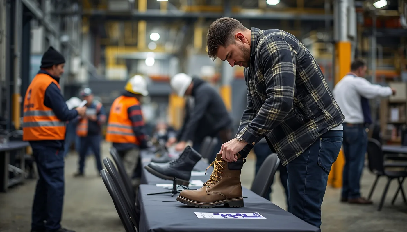 A worker being fitted for work boots at an on-site workforce program event