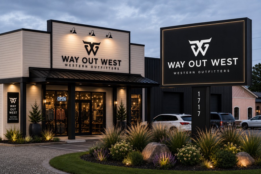 Western outfitters retail storefront at dusk